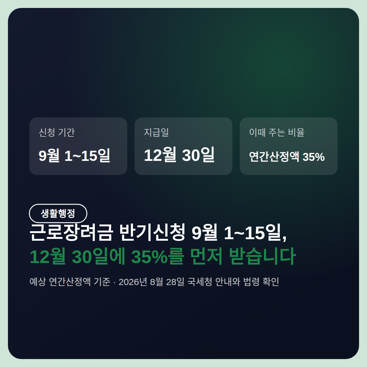 근로장려금 반기신청 9월 1~15일, 12월 30일에 35%를 먼저 받습니다