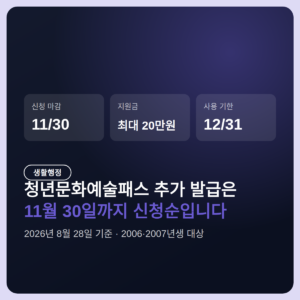 청년문화예술패스 추가 발급 신청, 11월 30일까지 2006·2007년생만