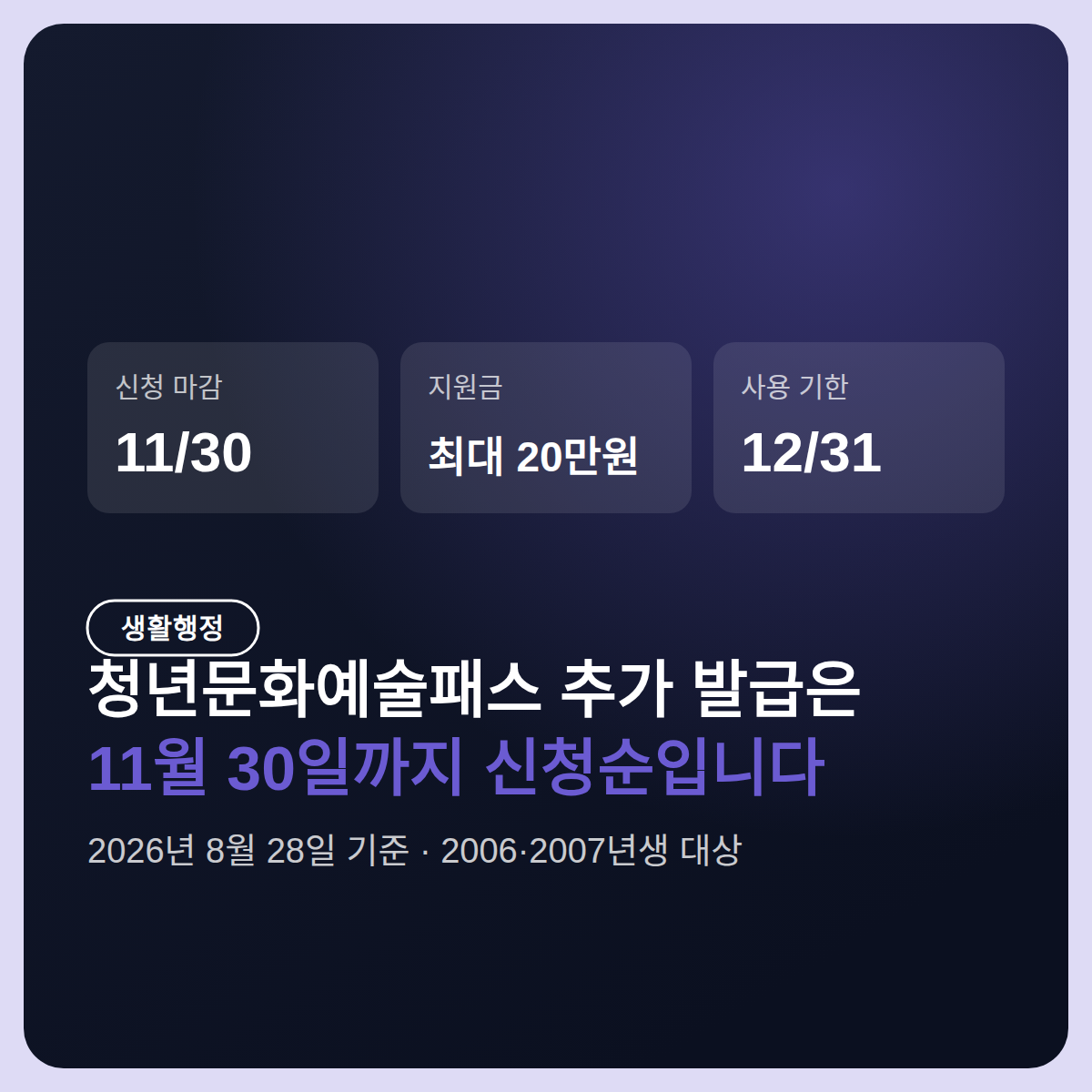 청년문화예술패스 추가 발급 신청, 11월 30일까지 2006·2007년생만
