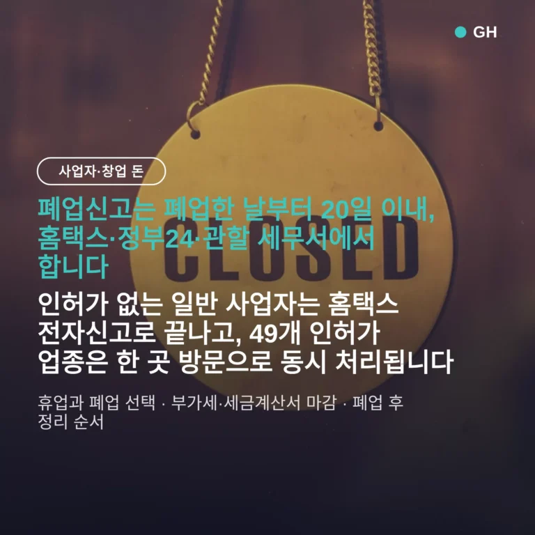 사업자 폐업 신고 방법 — 홈택스·정부24·세무서 어디로, 20일 기한과 부가세 마감 정리