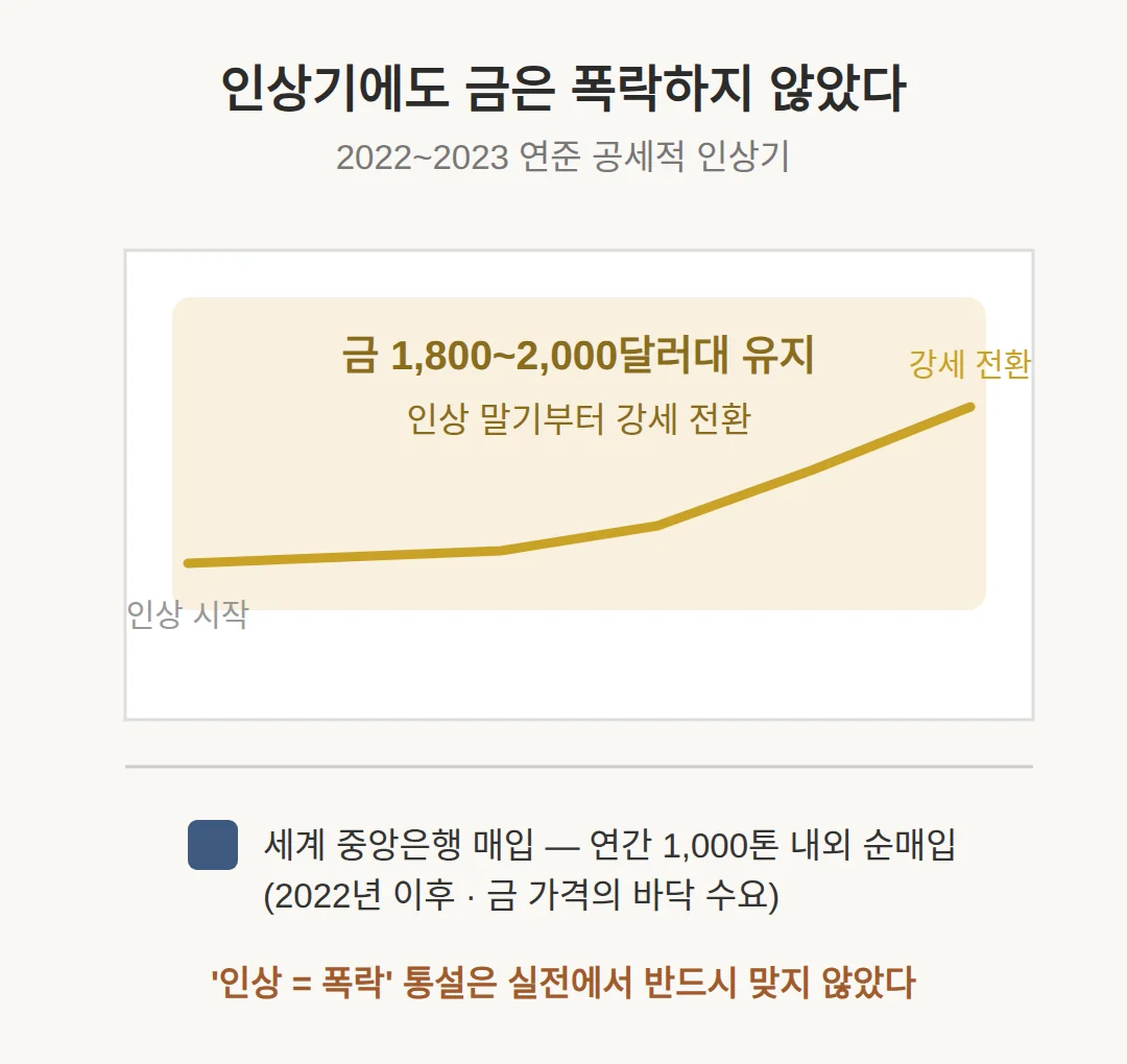 인상기에도 금은 폭락하지 않았다 — 2022~2023 전례