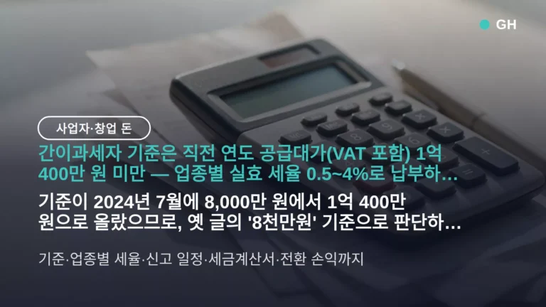 간이과세자 기준 2026 — 연 매출 1억 400만 원, 부가세 계산·신고 방법과 일반과세 전환 손익
